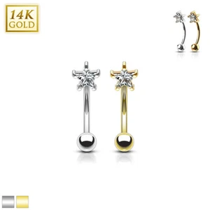 14K Gold Prong Star CZ Curved Barbell Eyebrow Rook Daith Piercing 16G - Picture 1 of 6
