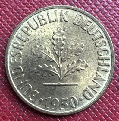 Alemania, FRG 1950-D acero revestido de latón 10 peniques. Alto grado. KM# 108 Foto 1 de 2