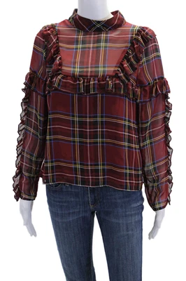 Top a cuadros con volantes cuello redondo manga larga BB Dakota para mujer rojo talla mediana Foto 1 de 4