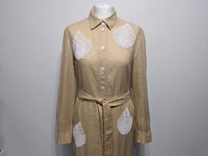 Zara Shirt Dress Sand Linen Midi Belted Beaded Leaf Embroidered Button Down S - Picture 1 of 10
