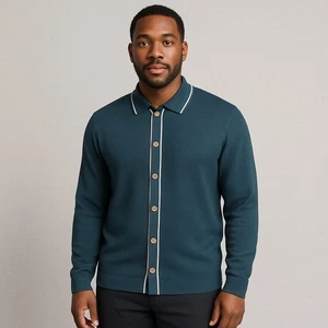 NWT Art of Rhetoric Men’s L Blue Waffle Knit Cardigan Sweater Long Sleeve - Picture 1 of 10