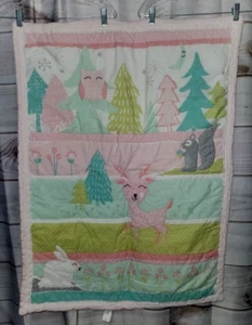 Cloud Island Animal Forest Baby Blanket Bunny Deer Owl Trees Pink Cotton Quilt - Picture 1 of 10
