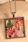 Lovely Bead Rim Square Silvertn Red Flowers in Hanging Garden Cameo Necklace