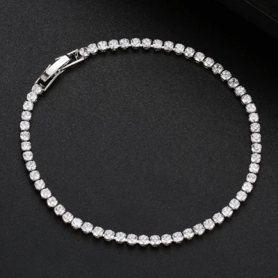 Ultra Slim Round Cut Shinny White Topaz 3MM Gemstone Women Silver Bracelet Gifts - Image 1 of 4