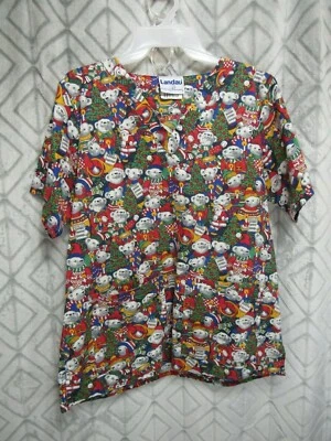 Landau Scrub Top Size M Multi Colors Christmas Bears Trees Candles Short Sleeve - Image 1 of 4