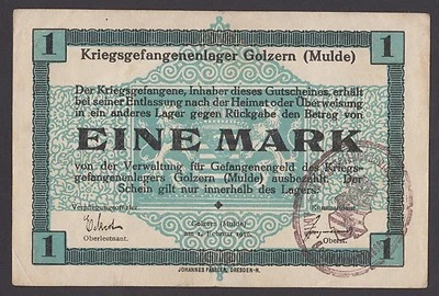 🔴GERMANY 1 Mark 1916 aXF  WWI - POW - Concentration Camp - Golzern - Mulde 🔴 - Image 1 of 2