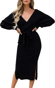 Batwing Sleeve Black Backless Slit Maxi Dress SZ MED Elegant V Neck Wrap Knit - Picture 1 of 6