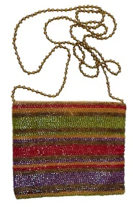 Moyna Beaded Small Striped Bag Purse Crossbody Magnetic Clasp Long Strap - Picture 1 of 5