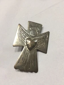 Vintage 90er Southwestern Sterlingsilber Anstecknadel Kreuz gestempelt Engel mit Herz 1 3/4" 5,7 g - Bild 1 von 7