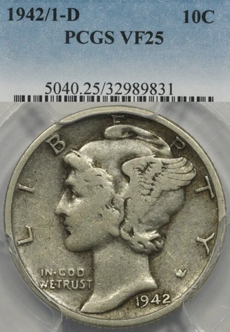 1942/41-D 10C PCGS VF25 Mercury Dime 1942/1-D Cover