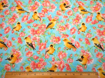 Tela Edredón Por Yarda Pájaros Amarillos Rosa Verde Floral Sobre Azul Algodón Premium C Foto 1 de 2