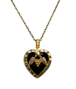 Vintage 10K Black Hills Gold Onyx Gemstone Heart Pendant 20 in Rope Chain Estate - Picture 1 of 19