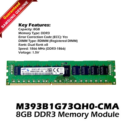 Samsung 8GB 2Rx8 PC3-14900R DDR3 1866MHz 1.5V ECC REGISTERED RDIMM Memory RAM - Image 1 of 4
