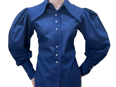 Vtg 70s Sz M Shirt Blouse Bishop Sleeves DAGGER Collar Fritzi CALIFoRNIA Blue - Image 1 of 4