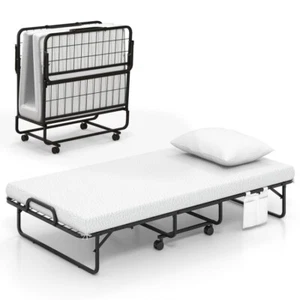 Twin Size Portable Rollaway Bed W/ Mattress Sturdy Frame Home Foldable Guest Bed - Picture 1 of 14