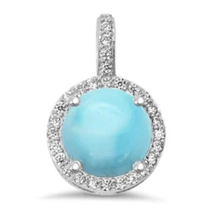 Halo Round Natural Larimar & CZ .925 Sterling Silver Pendant - Picture 1 of 2