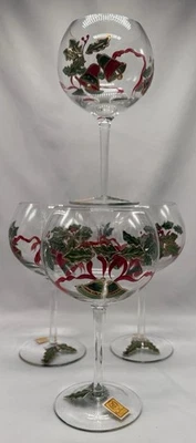 Royal Danube Balloon Wine Glasses Christmas Holly & Bells S/4 Excellent - Image 1 of 4