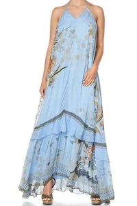 Camilla Dress Size M AU 10-12/US 6-8 Maxi Fairy Fountain Blue Floral Silk - Picture 1 of 24