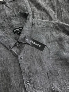 NWT Mens Liz Claiborne Gray Button Down Linen Long Sleeve Shirt 2XL Slim Fit - Picture 1 of 19