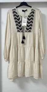 ZARA ECRU BESTICKT VORNE BAUMWOLLMISCHUNG KURZES TUNIKA KLEID MIT QUASTEN GRÖSSE M - Bild 1 von 11
