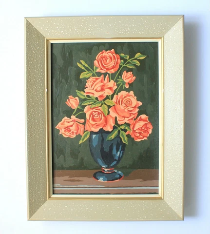 Vintage Framed Red Roses Vase Paint By Number PBN  Floral 13.5" X 17.5"  Wood Cover