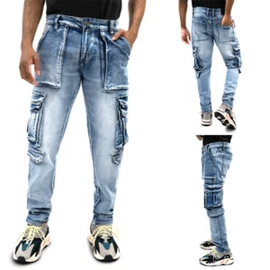 Victorious Men's Casual Utility Cargo Pocket Relaxed Slim Fit Denim Jeans DL1452 - Picture 1 of 6