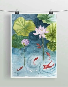 Pintura Acuarela Pez Koi Flor Loto Oriental Original Hecho a Mano Arte Asiático - Imagen 1 de 18
