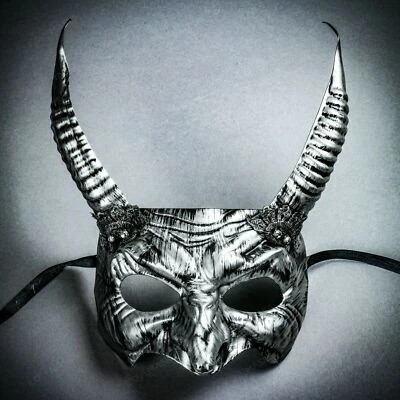 Goblin Devil Long Horn w/ Lace Halloween Masquerade Mask Party Eyes Mask Silver - Image 1 of 4