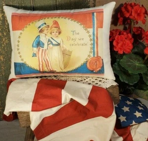 VINTAGE VICTORIAN PRIMITIVE ANTIQUE STYLE PATRIOTIC AMERICA BOY GIRL PC PILLOW - Picture 1 of 7