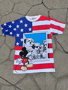 VTG Mickey Mouse Mt. Rushmore USA Flag Stars & Stripes T Shirt 90s Sequins - Picture 1 of 10