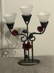 Kerzenleuchter 3 Glas Kegel Kerzenhalter Schmiedeeisen florale Akzente brutalistisch Vintage - Bild 1 von 13