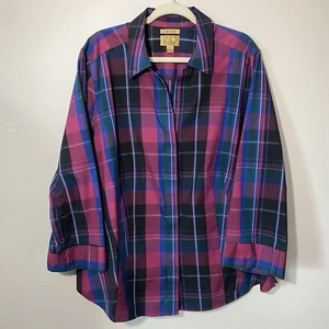 Taylor Investments Gold Label Plaid Women's 3/4 Sleeve Blouse No Iron Sz 2X - Picture 1 of 15
