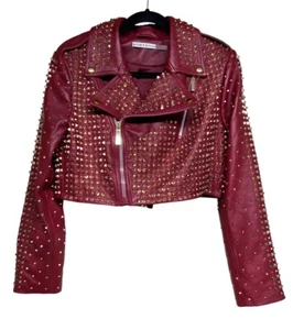 Alice + Olivia Krishna Leather Cropped Moto Jacket Bordeaux Women’s Size XL - Picture 1 of 12