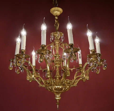 VINTAGE ANTIQUE GOLD BRONZE CRYSTAL CHANDELIER 12 LIGHT BRASS LAMP SPANISH Ø 30" Cover