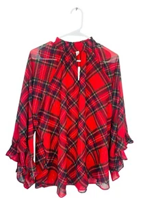 Neu mit Etikett Cato kariertes langärmliges Blusentop Flatter mit Stehkragen rot Urlaub 18-20 - Bild 1 von 6
