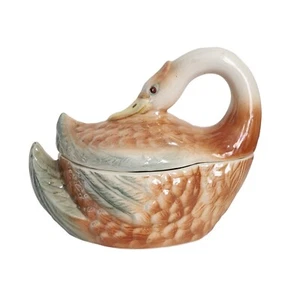 Vtg Ceramic Lusterware Swan Trinket Jewelry Box Decor Candy Dish Jar Iridescent - Picture 1 of 8