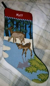 Lands End Matt Christmas Stocking Needlepoint Deer & Fawn Pines Snow Ice Winter - Picture 1 of 9