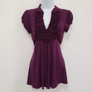 Heart Soul Womens Babydoll Puff Sleeve Top Size L Purple Stretch Edwardian Y2K - Picture 1 of 14