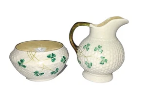 Vtg Belleek Shamrock Porcelain Basketweave Cream Sugar 4th Mark 1940/50 A+ Cond! - Picture 1 of 24