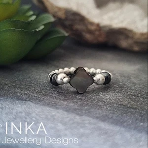 Sterling Silver & Hematite Clover Ring 925 Stretch Stacker Thumb Ring By INKA - Picture 1 of 6