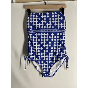 Costume intero donna Kate Spade blu bianco stampato senza spalline taglia large - Foto 1 di 8