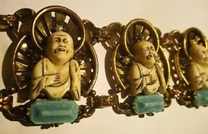 VINTAGE 1940'S RHINESTONE - GLASS GILT BUDDHA BRACELET BY FLORENZA - Picture 1 of 5
