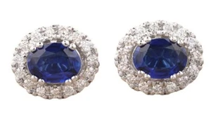 0.75ct Naturale Diamante Rotondo 14k Oro Bianco Zaffiro Blu Matrimonio Orecchini - Foto 1 di 4