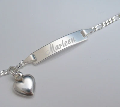 Frauen Kinder Gravur Armband Armkette Datum Name Echt Silber 925 Herz Anhänger - Bild 1 von 4