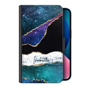 Personalised Initial Phone Case For iPhone 13/12/11 Blue Galaxy PU Leather Cover - Picture 1 of 8