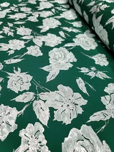 Metallic Floral Brocade Fabric By Yard Emerald Green Silver Floral Embossed  - Picture 1 of 12