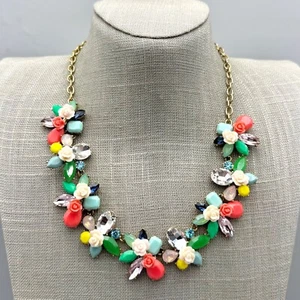 J. Crew Necklace Statement Colorful Beads Crystal Floral Bib Gold Tone Chain 17" - Picture 1 of 7