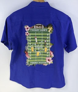 New 100% Silk Tommy Bahama Embroidered Thirst Down Football Shirt Blue Men L - Picture 1 of 9