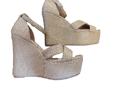 Jeffrey Campbell Woven Tan Natural Straw 4.5" Heel Wedge Platform Sandals sz 8 - Image 1 of 4