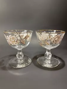 Set of 2 Vintage Libbey Rose Bouquet Champagne Sherbet Wine Glasses Gold Trim - Picture 1 of 6